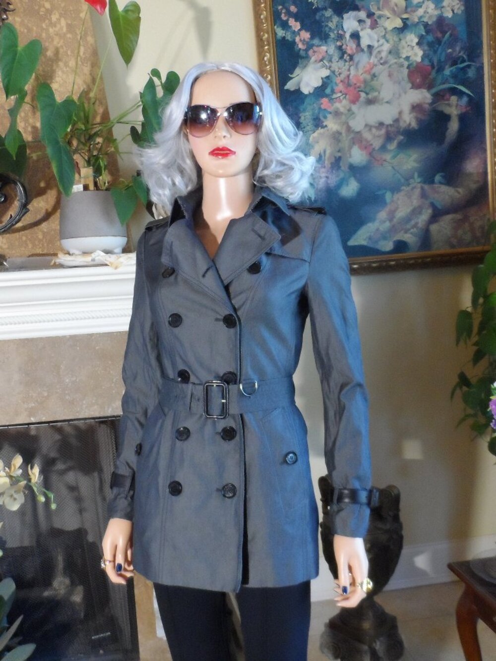 New Burberry London Dark Gray Leather Trim Trench Coat Size IT 38-US 2